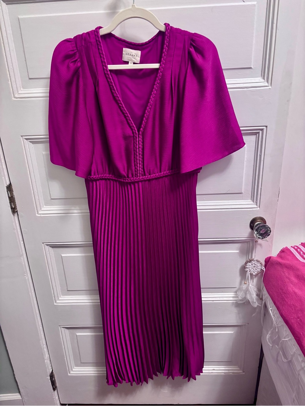 Sezane Fuchsia Pleated Midi Dress